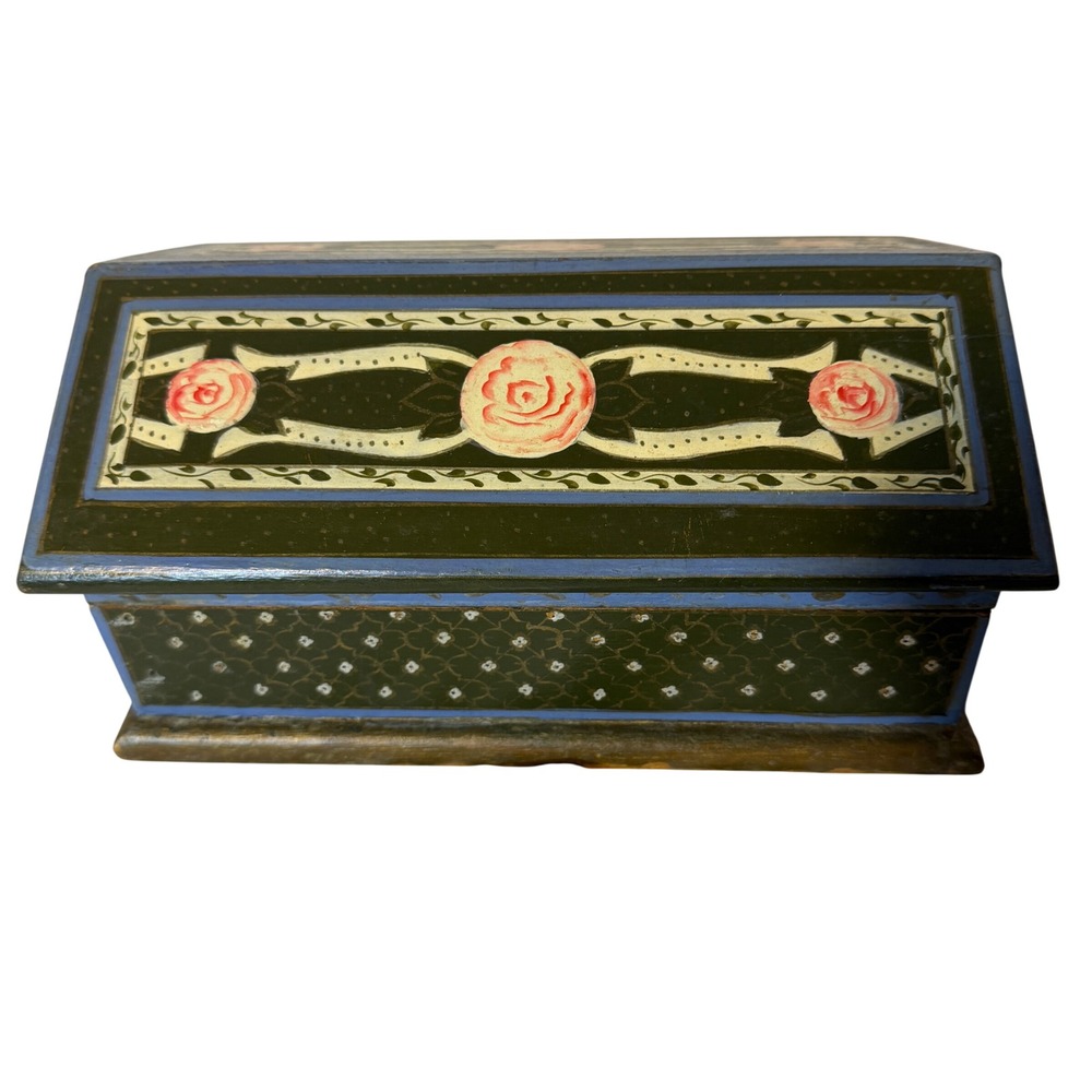 Vintage Hand Painted Floral Wood Jewelry Box Slanted Lid Roses Rhinebeck NY